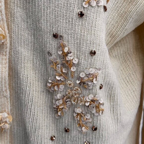 Vintage Snowflake Sequin Chenille Cardigan Sweater Womens Faux Fur Collar Cream - Picture 5 of 8